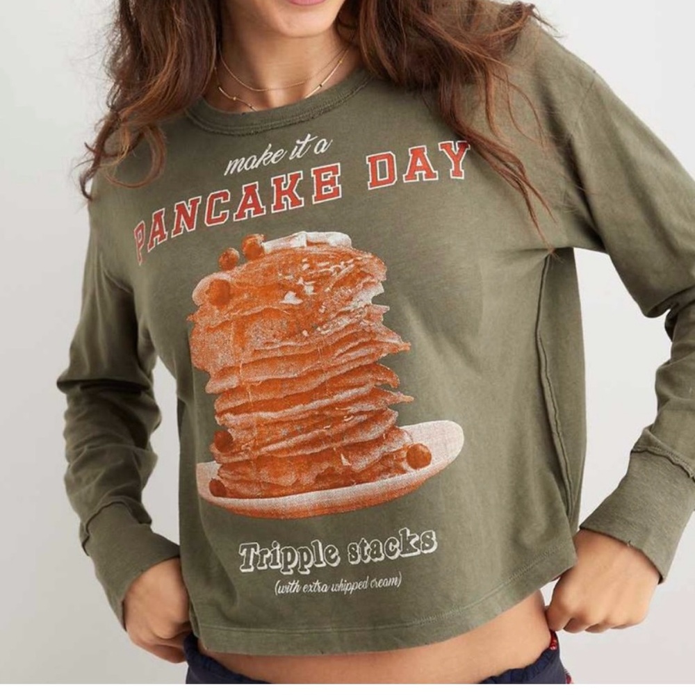 Aerie Women's Olive Green Long Sleeve Pancake Day Graphic Tee Size Small - Picture 2 of 7
